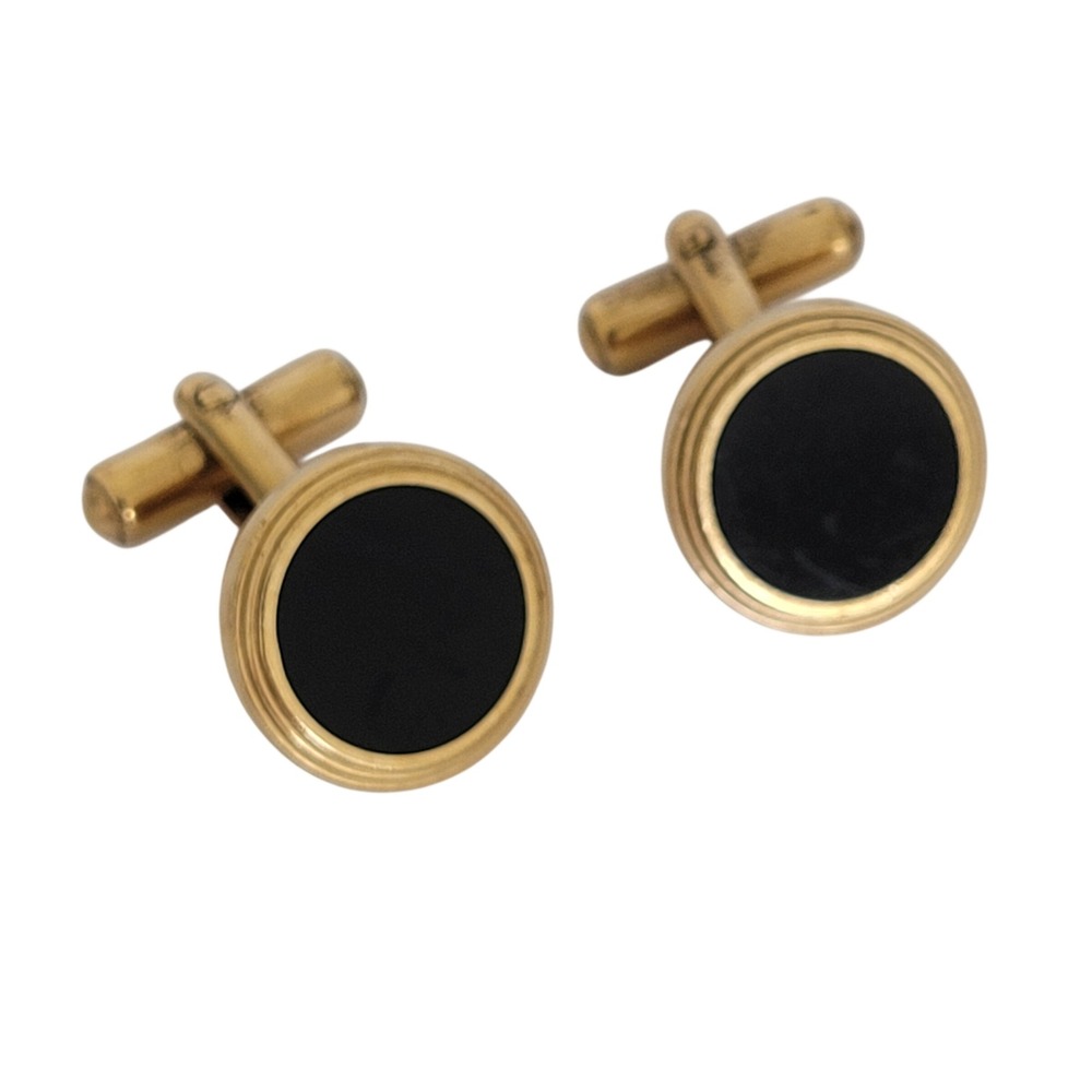 Dunhill Vintage Mens Round Gold Tone Black Onyx Toggle Back Cufflinks